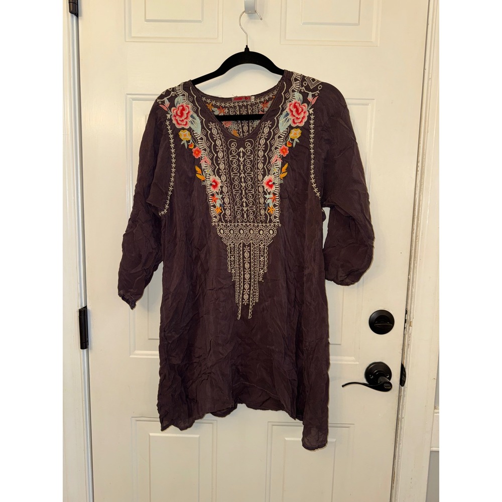 Johnny Was Embroidered Cupra Rayon Tunic Top Plum Purple Boho Floral Large